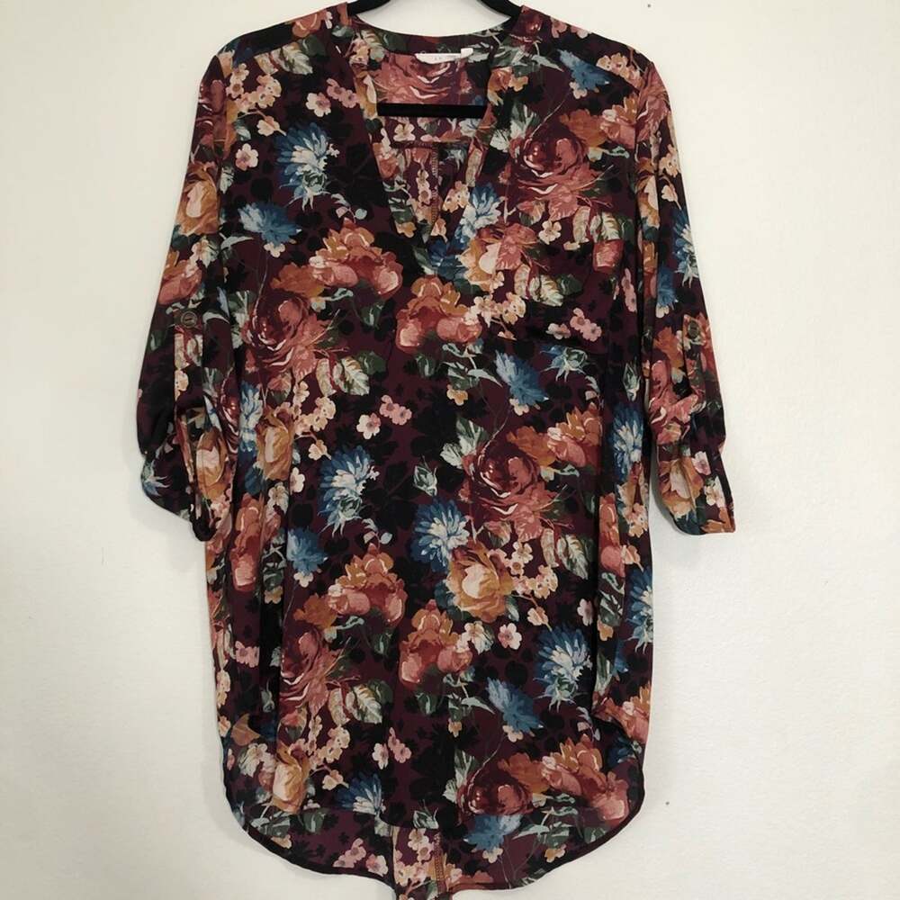 Lush Floral Blouse Tunic Button Sleeve Burgundy